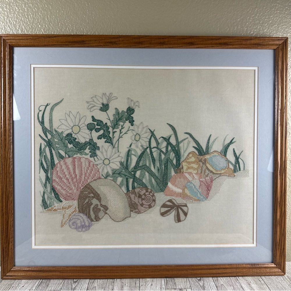 Vintage handmade cross stitch beachy Seashell framed‎ Embroidery Art25x22
